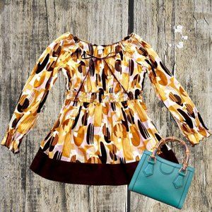 Boho Chic Printed Long-Sleeve - Peasant Top with Tie Neck Detail
